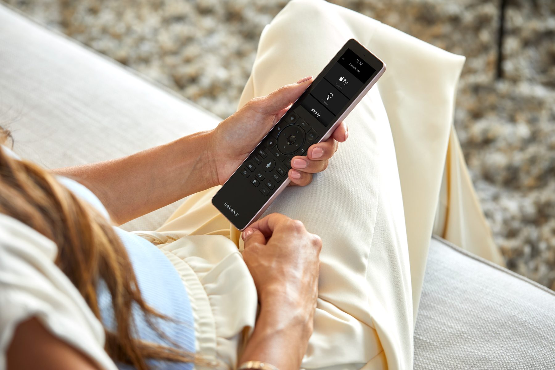 High-end bedroom setting with connected comfort controls.